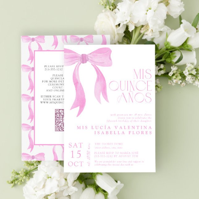Elegant Pink Bow QR Mis Quince Años Quinceañera  Invitation (Creator Uploaded)