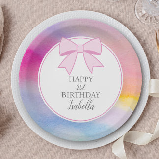 Elegant Pink Bow Rainbow Watercolor First Birthday Paper Plate