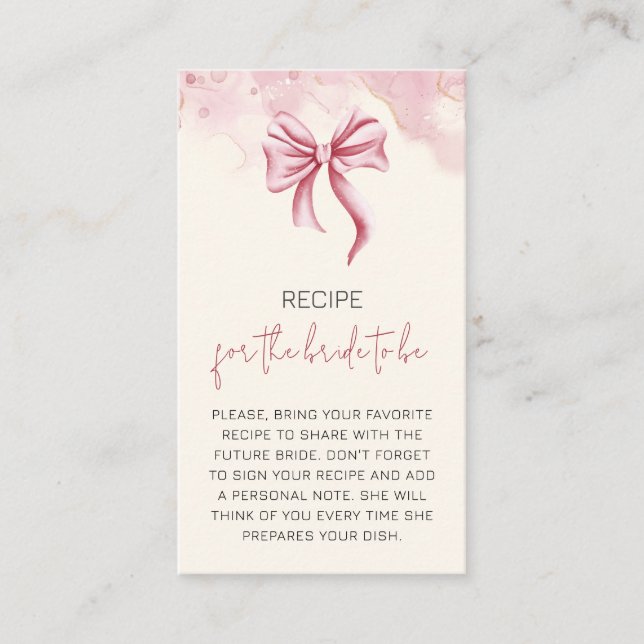 Elegant Pink Bow Recipe Bridal Shower Enclosure Card (Front)