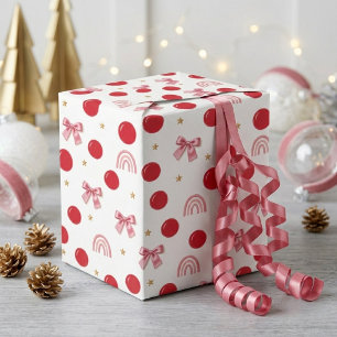 Elegant Pink Bow Red Polka Dots Christmas Rainbow Wrapping Paper