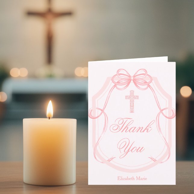 Elegant Pink Bow Ribbon Confirmation Cross Thank You Card (Creator Uploaded)
