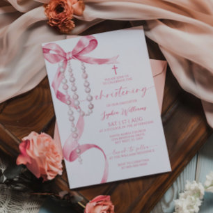 Elegant Pink Bow & Rosary Christening Invitation