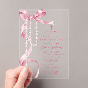 Elegant Pink Bow & Rosary First Holy Communion Acrylic Invitations