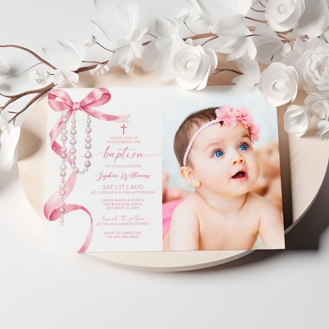 Elegant Pink Bow & Rosary Photo Baptism Invitation (Creator Uploaded)