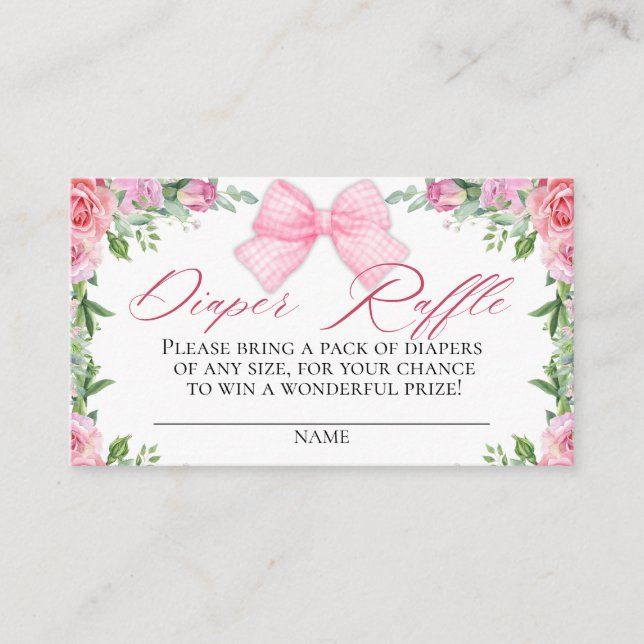 Elegant Pink Bow & Roses Coquette Diaper Raffle Enclosure Card (Front)