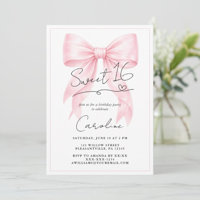 Elegant Pink Bow Sweet 16 Invitation (Standing Front)