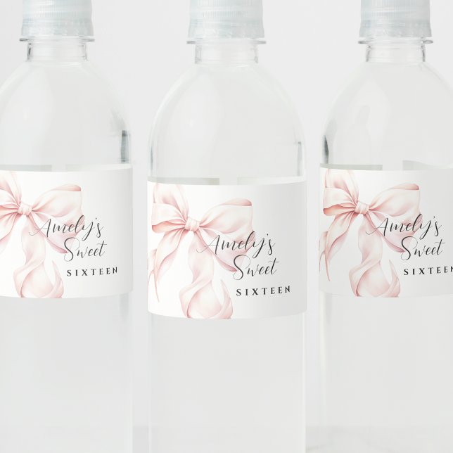 Elegant Pink Bow Sweet Sixteen Birthday Water Bottle Label (Creator Uploaded)