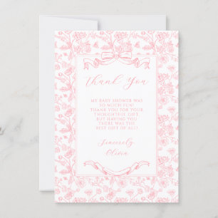 Elegant Pink Bow Vintage Floral Girl Baby Shower Thank You Card