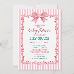 Elegant Pink Bow & Vintage Rose Baby Shower Invitation