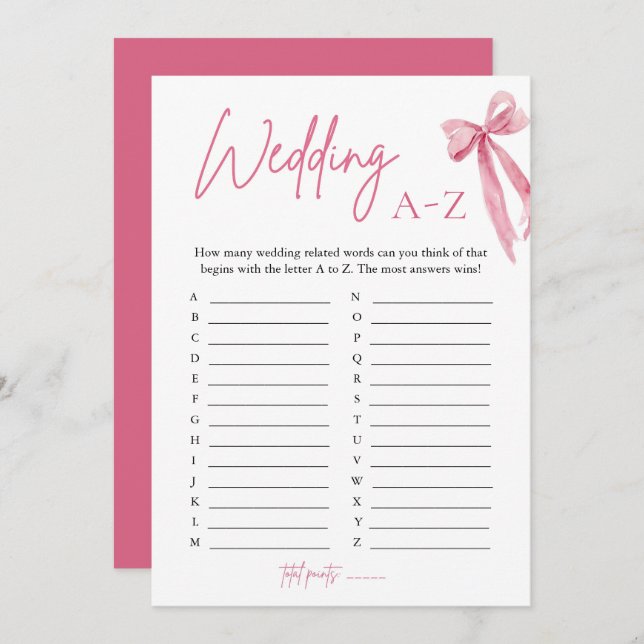 Elegant Pink Bow Wedding A-Z Bridal Shower Game Invitation (Front/Back)