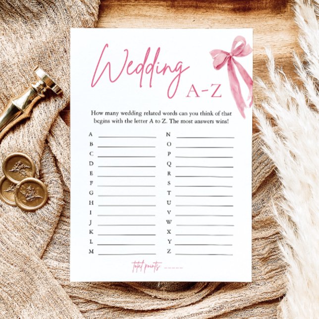 Elegant Pink Bow Wedding A-Z Bridal Shower Game Invitation (Elegant Pink Bow Wedding A-Z Bridal Shower Game)
