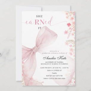 Elegant Pink Bow Wildflower Photo RN Graduation Invitation