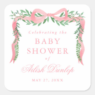 Elegant Pink Bow with Greenery Boy Baby Shower Square Sticker