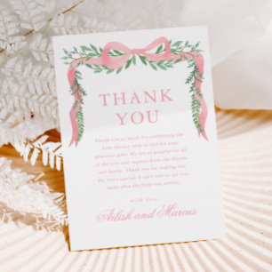 Elegant Pink Bow with Greenery Boy Baby Shower Thank You Card