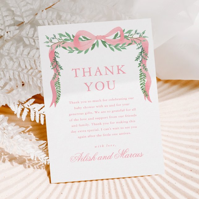 Elegant Pink Bow with Greenery Boy Baby Shower Thank You Card (Elegant pink bow greenery baby shower thank you cards.)