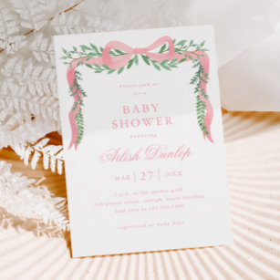 Elegant Pink Bow with Greenery Girl Baby Shower Invitation