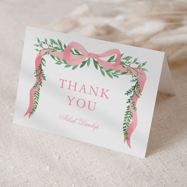 Elegant Pink Bow with Greenery Girls Baby Shower Thank You Card (Elegant pink bow with greenery girls baby shower thank you card.)