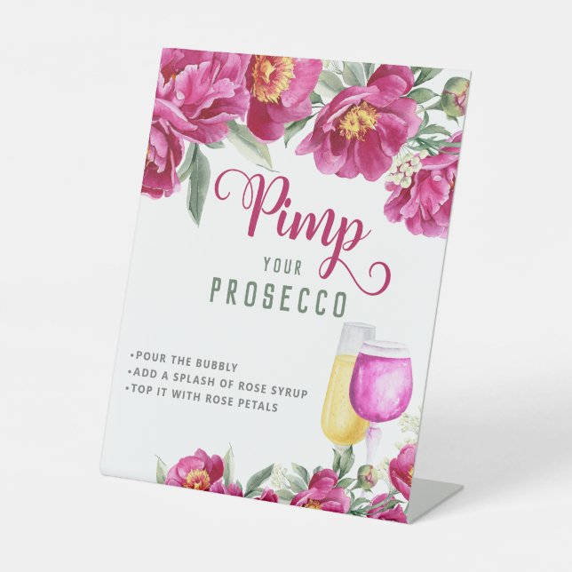 Elegant Pink Bridal Shower Pimp Your Prosecco Bar Pedestal Sign (Front)