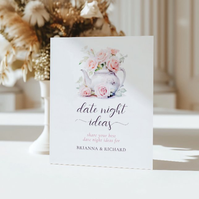 Elegant Pink Bridal Shower Tea Date Night Ideas Pedestal Sign (Creator Uploaded)