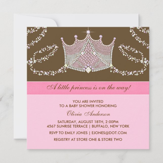 Elegant Pink Brown Baby Girl Princess Baby Shower Invitation (Front)