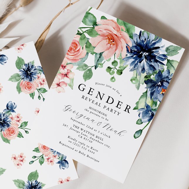 Elegant Pink & Bue Floral Baby Gender Reveal Party Invitation (Creator Uploaded)