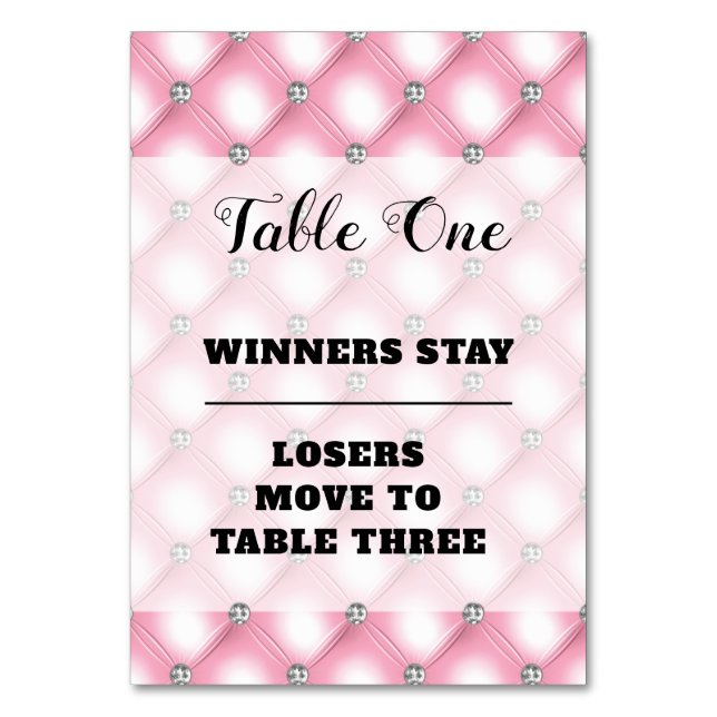Elegant Pink Bunco Number One Table Card (Front)