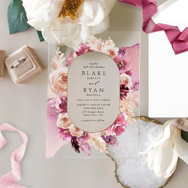 Elegant Pink, Burgundy, Champagne Floral Wedding Acrylic Invitations (Creator Uploaded)