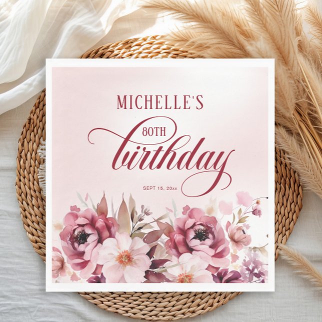 Elegant Pink Burgundy Floral 80th Birthday Napkin (Burgundy and pink watercolor floral birthday party paper napkin)