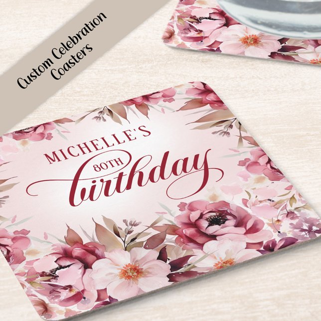Elegant Pink Burgundy Floral 80th Birthday Square Paper Coaster (Burgundy and. pink watercolor floral birthday party paper coaster)