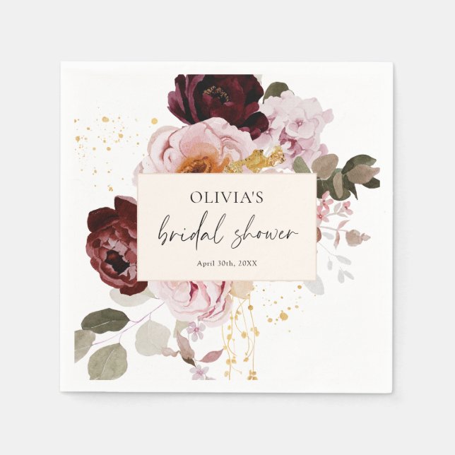 Elegant Pink Burgundy Floral Bridal Shower  Napkin (Front)