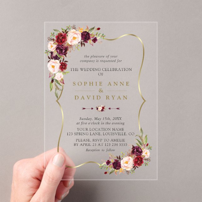 Elegant Pink Burgundy Floral Gold Marble Wedding Acrylic Invitations (Insitu (Handheld))