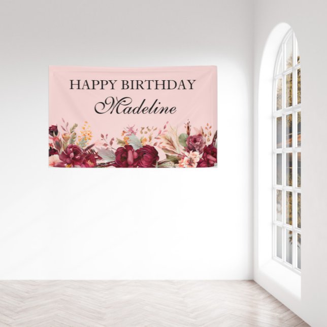 Elegant Pink Burgundy Floral Happy Birthday Banner (Creator Uploaded)