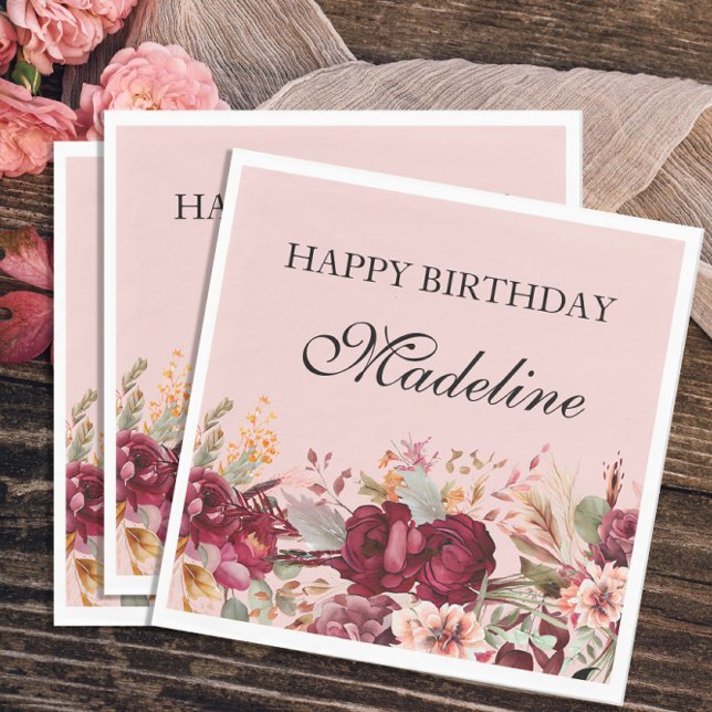Elegant Pink Burgundy Floral Happy Birthday Napkin (Creator Uploaded)