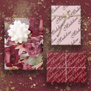 Elegant Pink Burgundy Floral Name Script Wrapping Paper Sheet