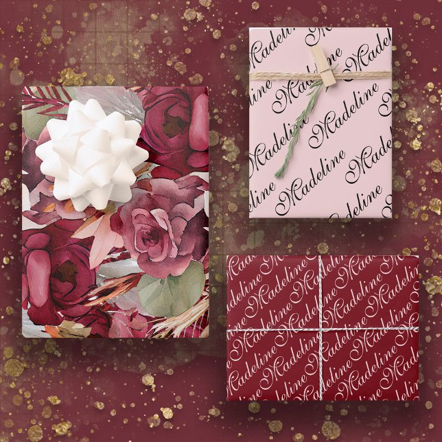 Elegant Pink Burgundy Floral Name Script Wrapping Paper Sheet (Pink and burgundy floral custom gift wrap personalized with your name.)