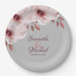 Elegant Pink Burgundy Floral Rust Leaves Wedding Paper Plate