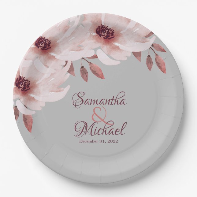 Elegant Pink Burgundy Floral Rust Leaves Wedding Paper Plate (Front)