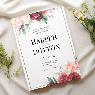 Elegant pink burgundy watercolor floral wedding invitation