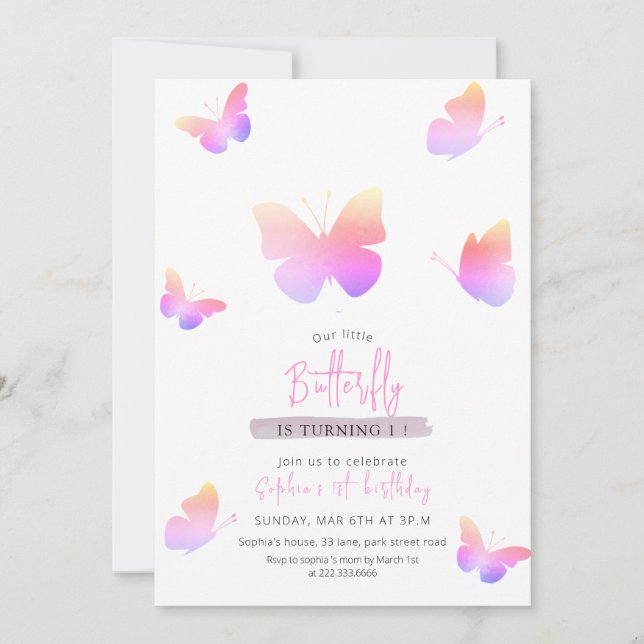 Elegant Pink Butterfly 1st Birthday  Invitation (Front)