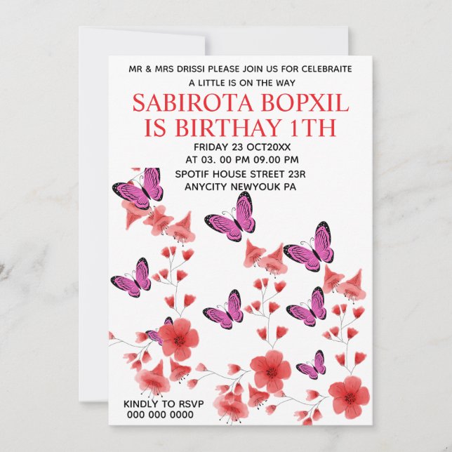 Elegant Pink butterfly baby shower party Invitatio Invitation (Front)