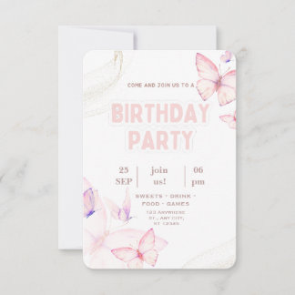 Elegant Pink Butterfly Birthday Party Invitation 