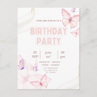 Elegant Pink Butterfly Birthday Party Invitation Postcard