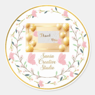 Elegant Pink Butterfly & Gold Balloons Thank You R Classic Round Sticker