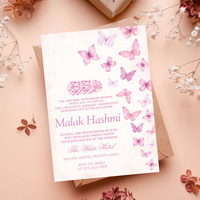 Elegant Pink Butterfly Islamic Baby Girl Aqeeqah Invitation (Creator Uploaded)