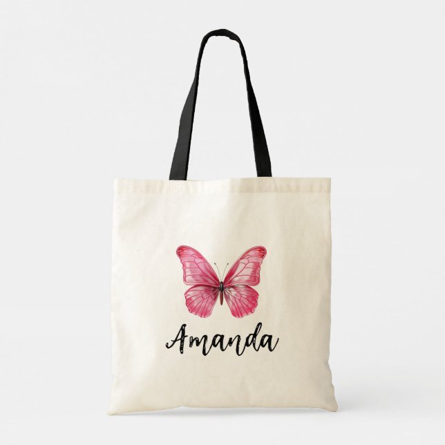 Elegant Pink Butterfly Name Girly Tote Bag (Back)