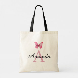 Elegant Pink Butterfly Name Monogramed Tote Bag