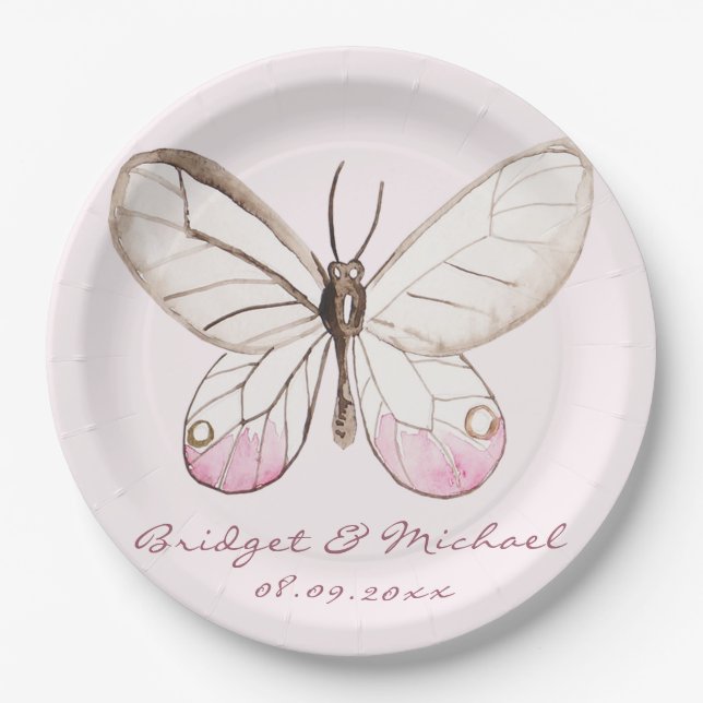Elegant Pink Butterfly Personalised Wedding Paper Plate (Front)