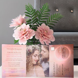 Elegant Pink Calligraphy Custom Photo Wedding Tri-Fold Announcement