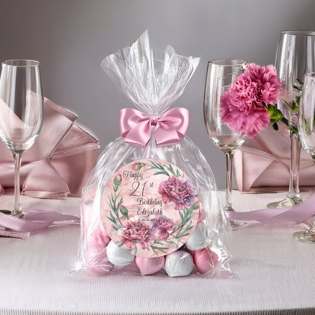 Elegant Pink Carnations 21st Birthday Party  Classic Round Sticker (Elegant Pink Carnations 21st Birthday Party Favor Classic Round Stickers - 2 Sizes)