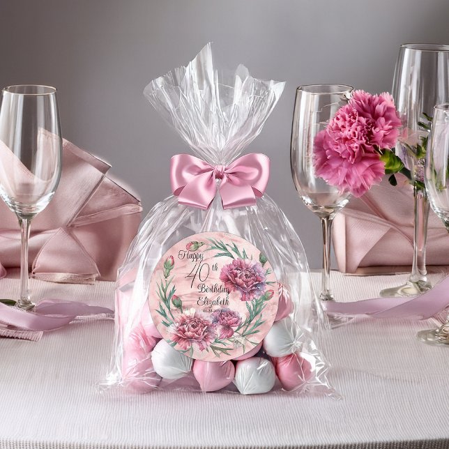 Elegant Pink Carnations 40th Birthday Party  Classic Round Sticker (Elegant Pink Carnations 40th Birthday Party Favor Classic Round Stickers - 2 Sizes)